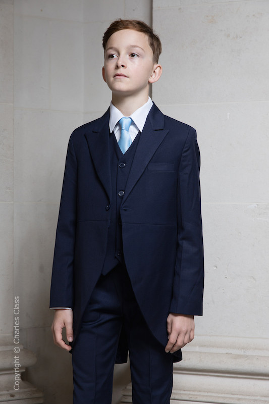 Boys Navy Tail Coat Suit with Sky Blue Tie - Edward
