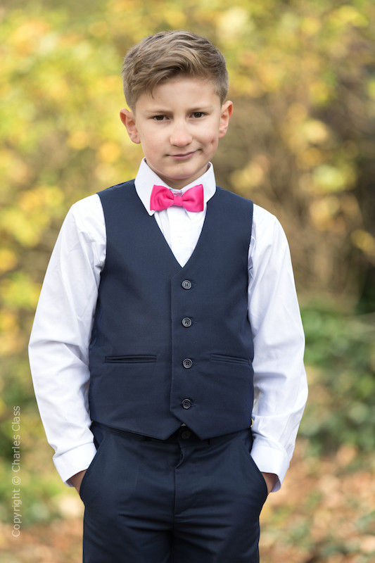 Boys Navy Trouser Suit with Hot Pink Dickie Bow - Joseph
