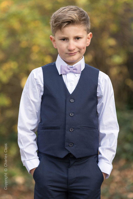 Boys Navy Trouser Suit with Lilac Dickie Bow - Joseph