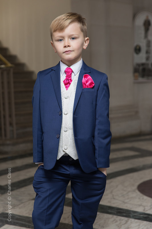 Boys Royal Blue & Ivory Suit with Hot Pink Cravat Set - Walter