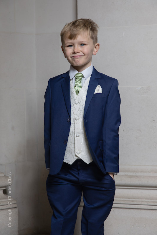 Boys Royal Blue & Ivory Suit with Mustard Green Cravat - Walter