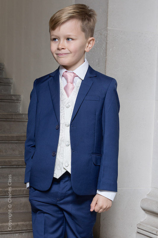 Boys Royal Blue & Ivory Suit with Pale Pink Tie - Walter