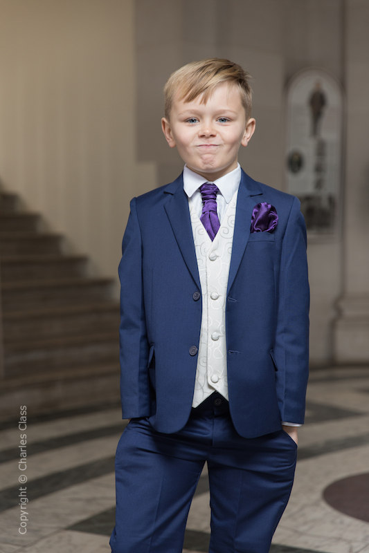Boys Royal Blue & Ivory Suit with Purple Cravat Set - Walter