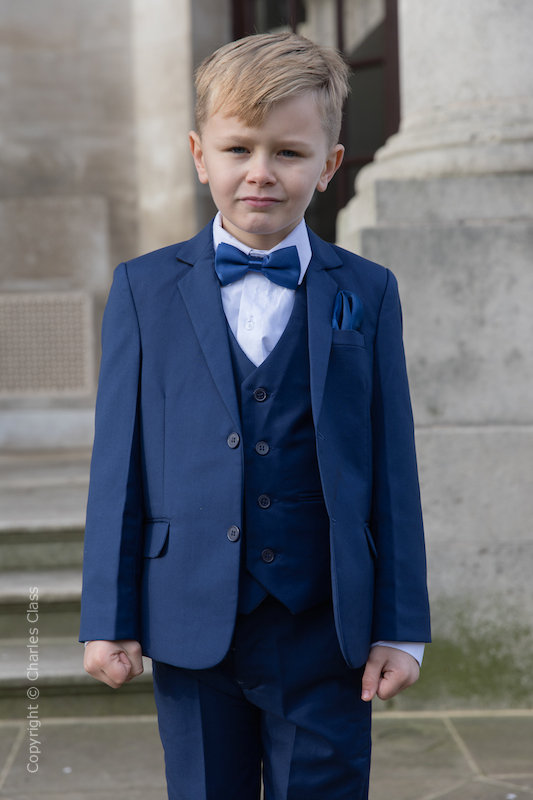 Boys Royal Blue Suit with Navy Bow & Hankie - George
