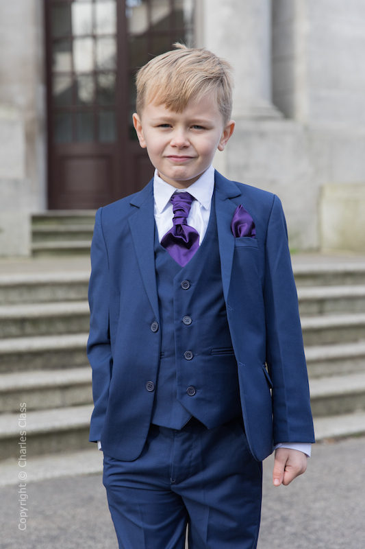 Boys Royal Blue Suit with Purple Cravat Set - George