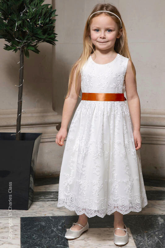 Girls Ivory Lace Flower Girl Dress with Burnt Orange Sash Charles Class