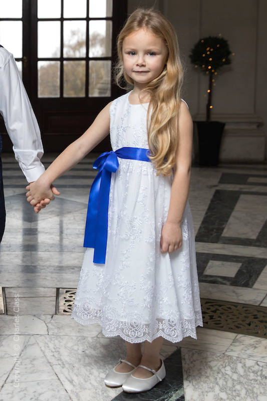 Girls White Lace Dress with Royal Sash | Flower Girl Dress | Charles Class