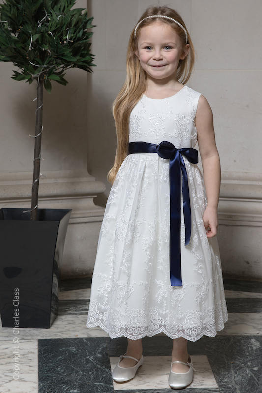 Girls Ivory Lace Flower Girl Dress with Navy Sash Charles Class