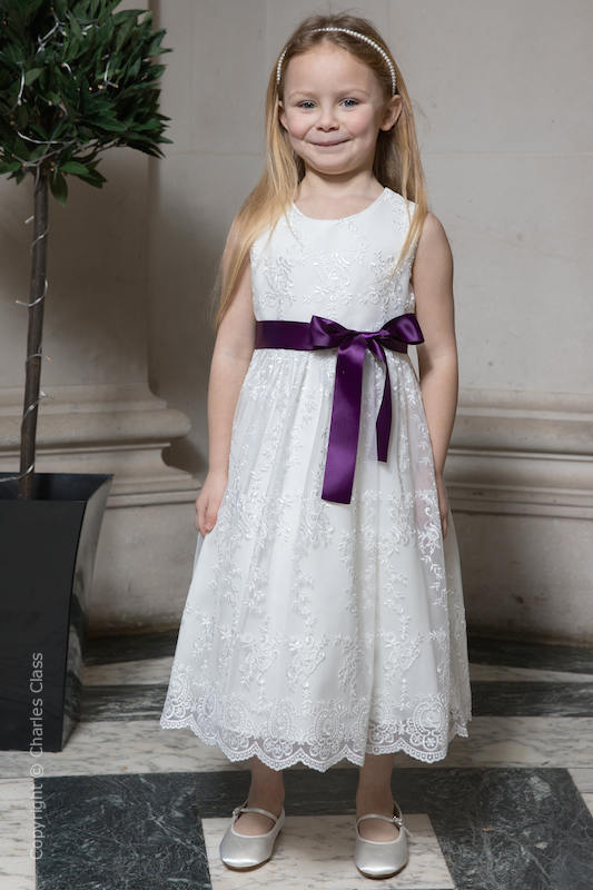 Girls Ivory Lace Flower Girl Dress with Purple Sash | Charles Class