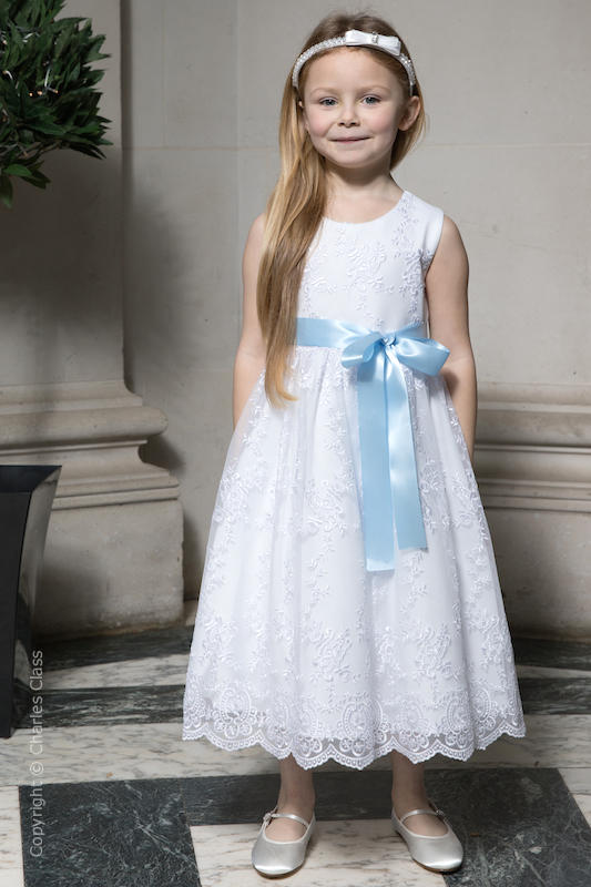Girls White Lace Flower Girl Dress with Baby Blue Sash | Charles Class