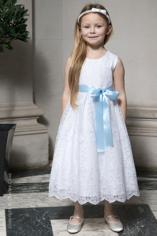 Girls White Lace Flower Girl Dress with Baby Blue Sash Charles Class