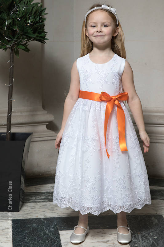Girls White Lace Dress & Orange Satin Sash - Eva