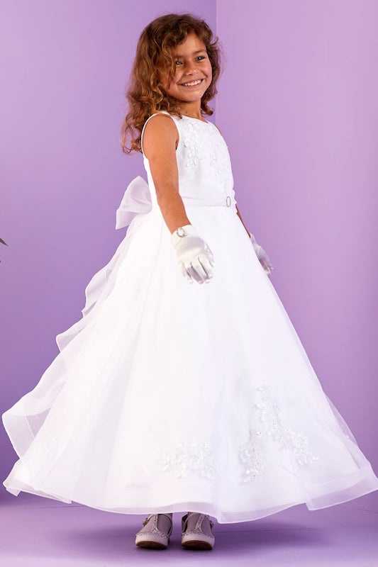 White Organza First Communion Dress with Pearl Waist Detail