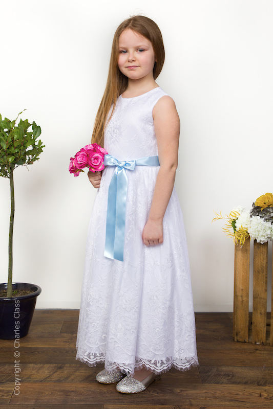 Girls White Eyelash Lace Dress with Baby Blue Sash | Flower Girl