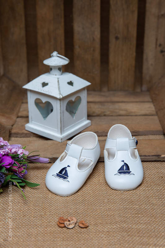 Baby Boys White with Navy Yacht T Bar Shoes by Baypods Baby Shoes