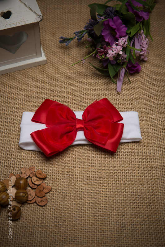 White Cotton Baby Flower Girl Headband with Red Bow