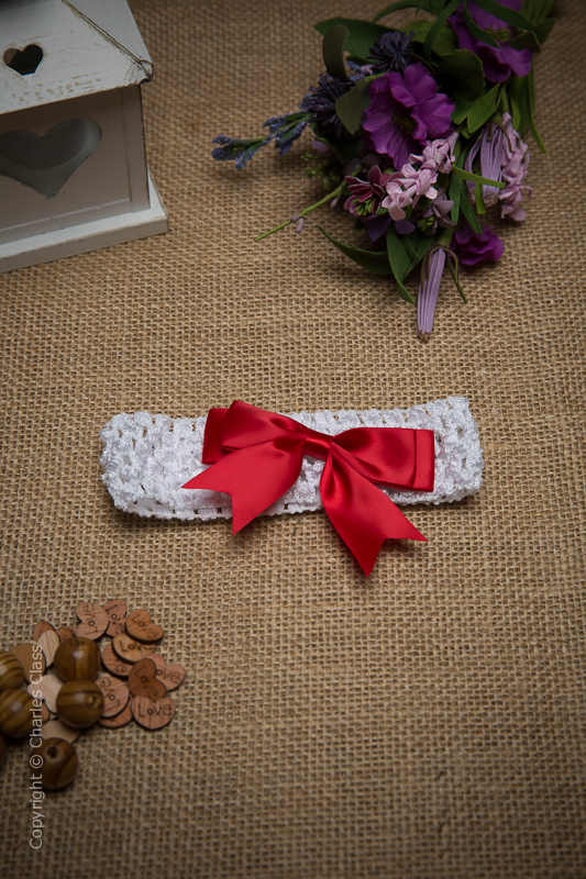 White Crochet Baby Flower Girl Headband with Red Bow