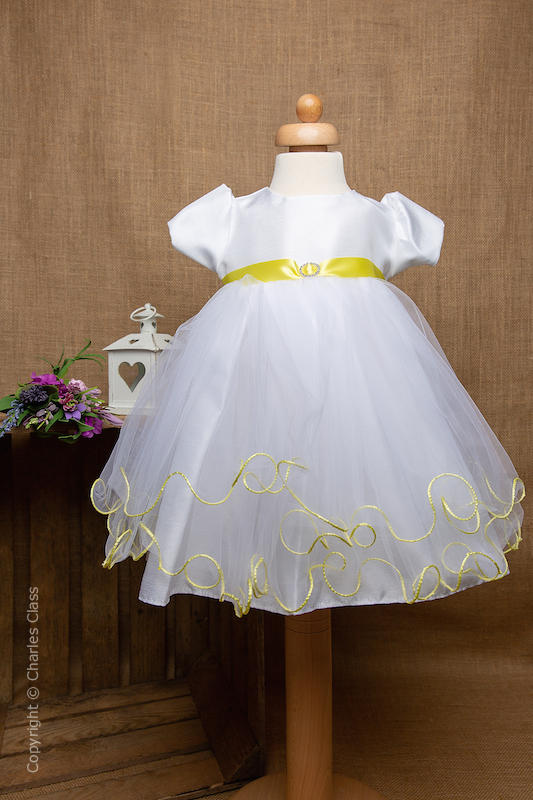 White Flower Girl Dress with Lemon Sash by Eva Rose