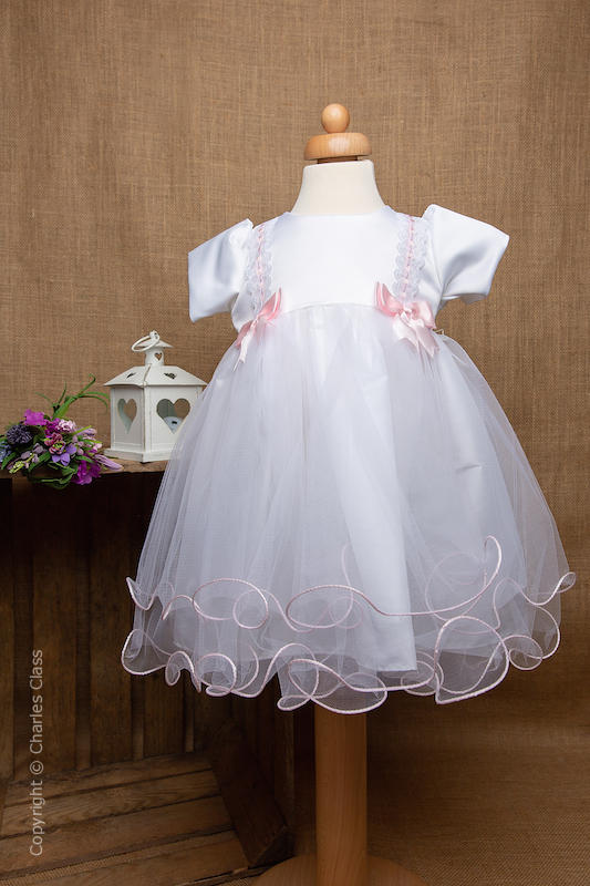 White Flower Girl Dress with Baby Pink Bows by Eva Rose