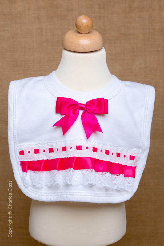 White Wedding Bib with Hot Pink Bow & Lace Trim