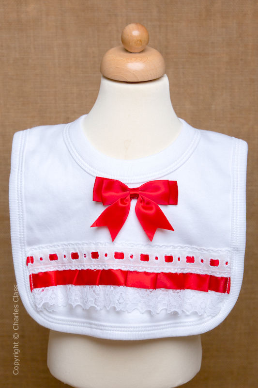 White Wedding Bib with Red Bow & Lace Trim
