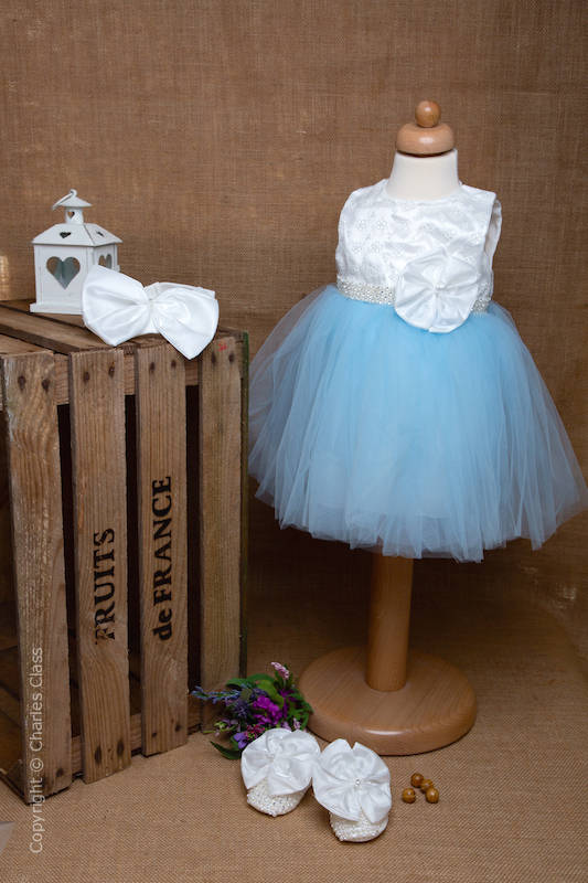 Blue with Ivory Large Bow Tulle Flower Girl Dress Set