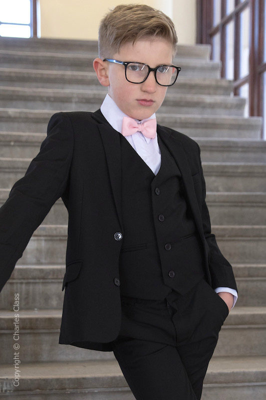 Boys Black Suit with Pale Pink Dickie Bow - Marcus