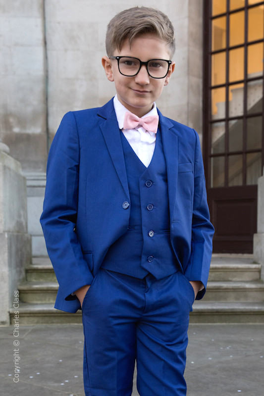 Boys Electric Blue Suit with Pale Pink Dickie Bow - Barclay