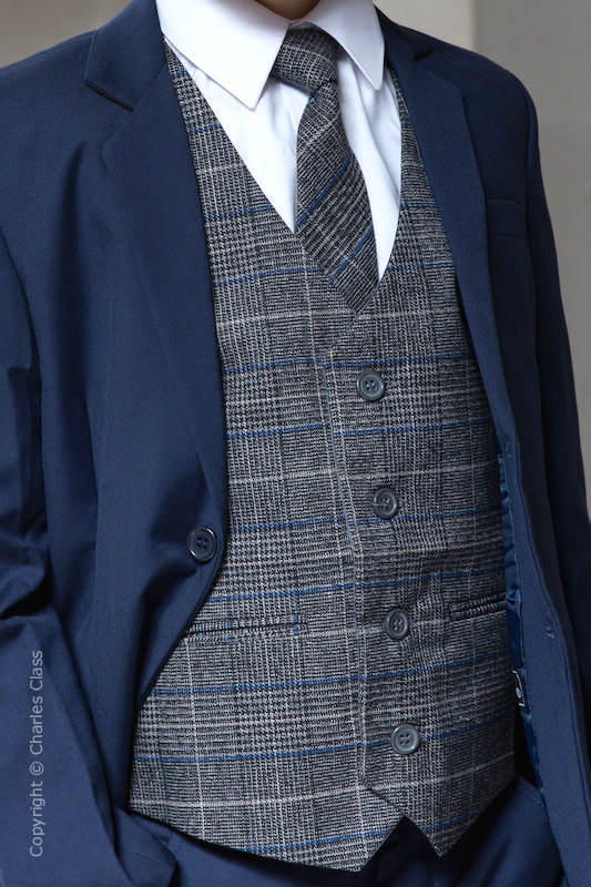 Boys Grey Tweed with Blue Tartan Check Waistcoat & Tie