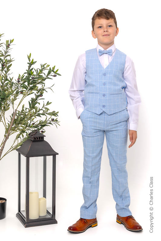 Boys Light Blue Check Trouser Suit Boys Wedding Suit Charles Class - Main Image