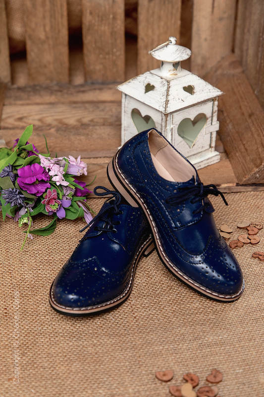 Boys Navy Brogue Leather Pointed Shoes