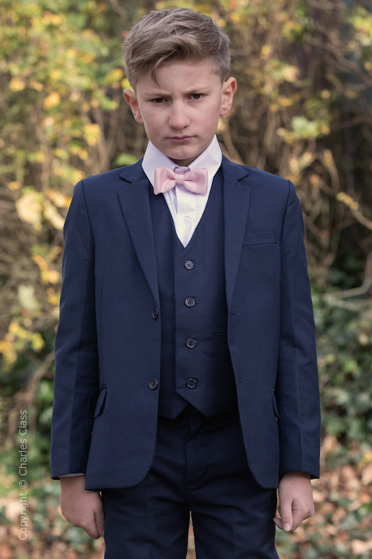 Boys Navy Wedding Suit with Pale Pink Dickie Bow Charles Class