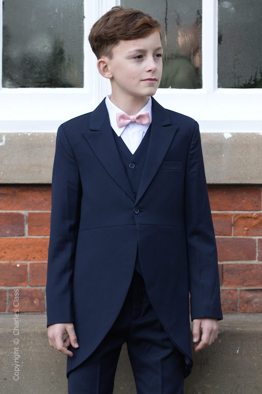 Boys Navy Tail Coat Suit with Pale Pink Bow Tie - Edward