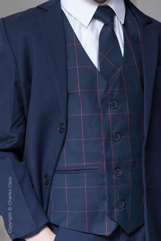 Boys Navy with Red Check Waistcoat & Tie