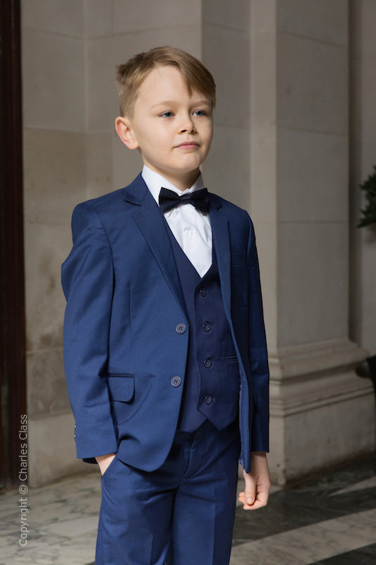 Boys Royal Blue Wedding Suit with Navy Satin Bow Tie Charles Class