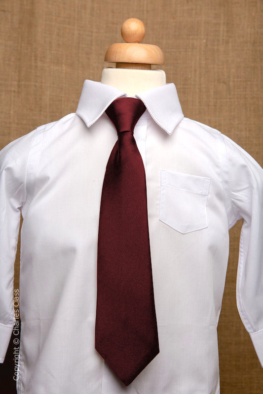 Boys White Italian Collar Shirt with Burgundy Tie