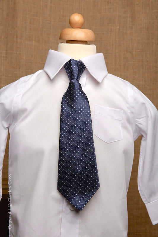 Boys White Italian Collar Shirt with Navy Polka Dot Tie