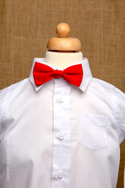 Boys White Italian Collar Shirt with Red Dickie Bow