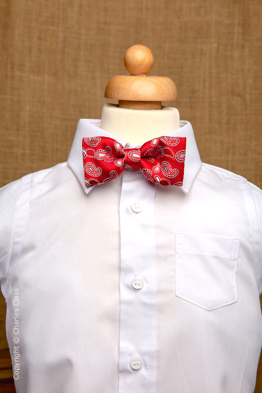 Boys White Italian Collar Shirt with Red Paisley Dickie Bow