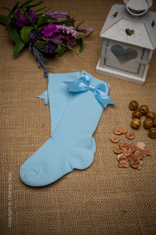 Girls Baby Blue Satin Bow Cotton Knee Length Socks