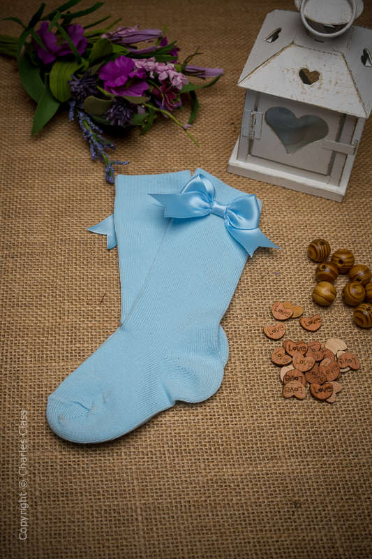 Girls Blue Bow Knee Length Socks Girls Baby Blue Flower Girl Socks