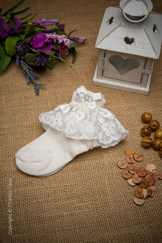 Girls Ivory Diamante Bow Lace Ankle Socks Ivory Flower Girl Socks