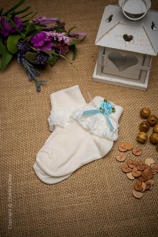 Girls Ivory Lace Cotton Ankle Socks with Baby Blue Flower Cluster