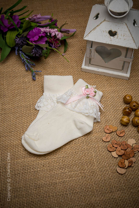 Girls Ivory Lace Ankle Socks with Baby Pink Flower Cluster
