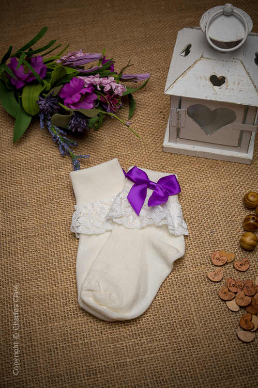 Girls Ivory Lace Cotton Ankle Socks with Purple Bows