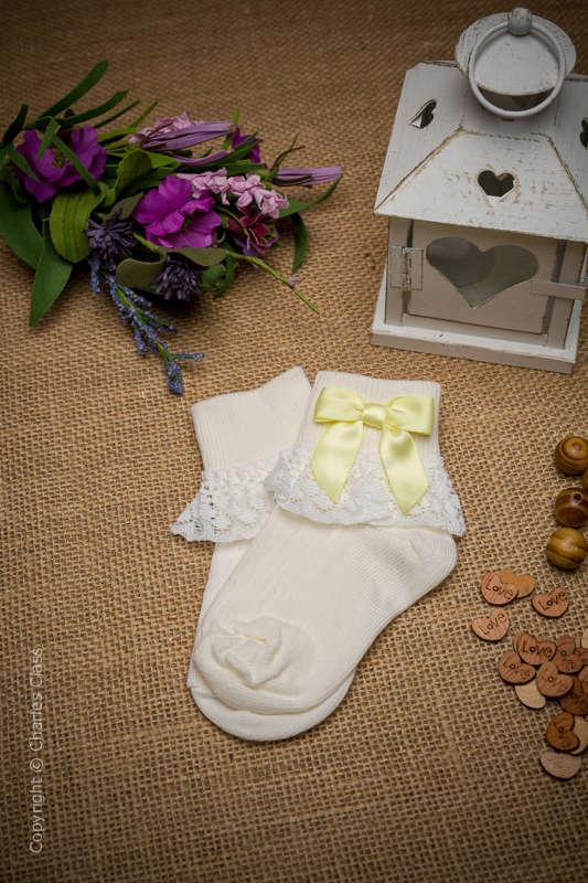 Girls Ivory Lace Cotton Ankle Socks with Lemon Bows