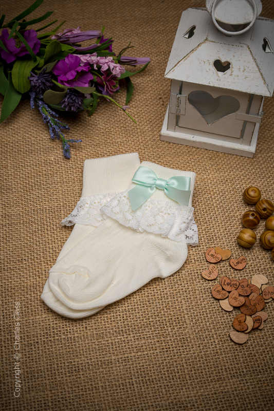 Girls Ivory Lace Ankle Socks with Mint Green Bows