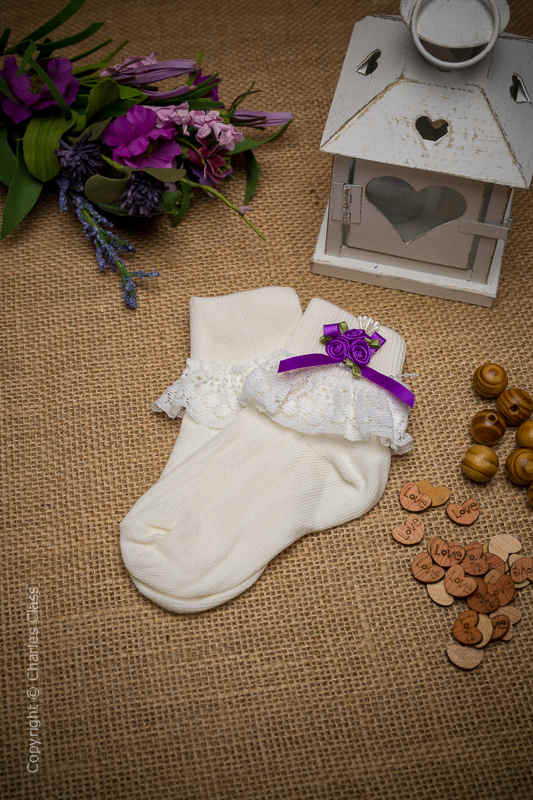 Girls Ivory Lace Ankle Socks with Purple Flower Cluster