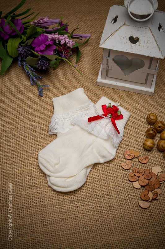 Girls Ivory Lace Ankle Socks with Red Flower Cluster