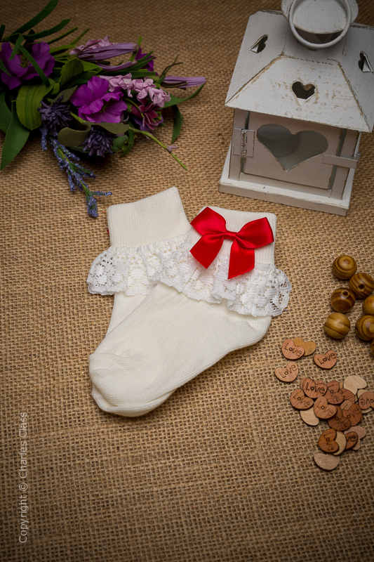 Girls Ivory Lace Cotton Ankle Socks with Red Bows